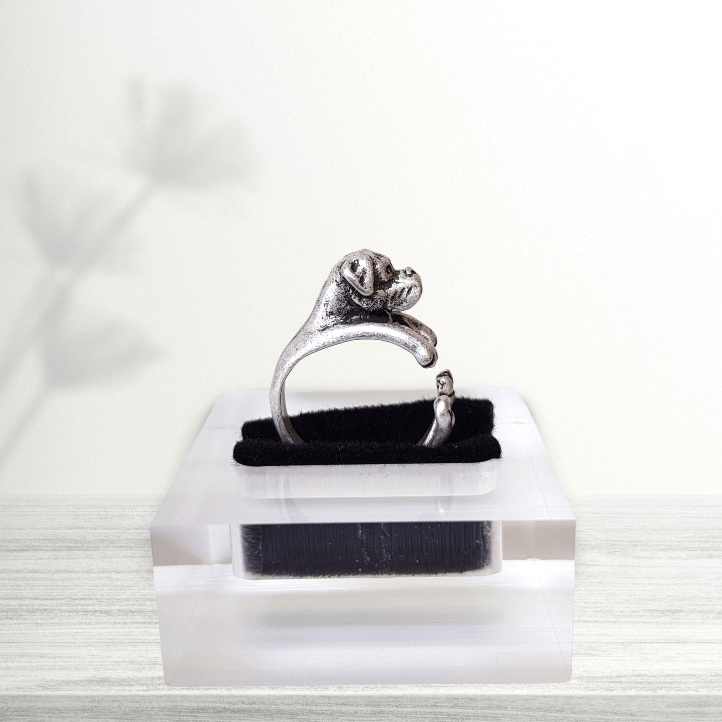 profile view of novelty boxer dog ring jewellery