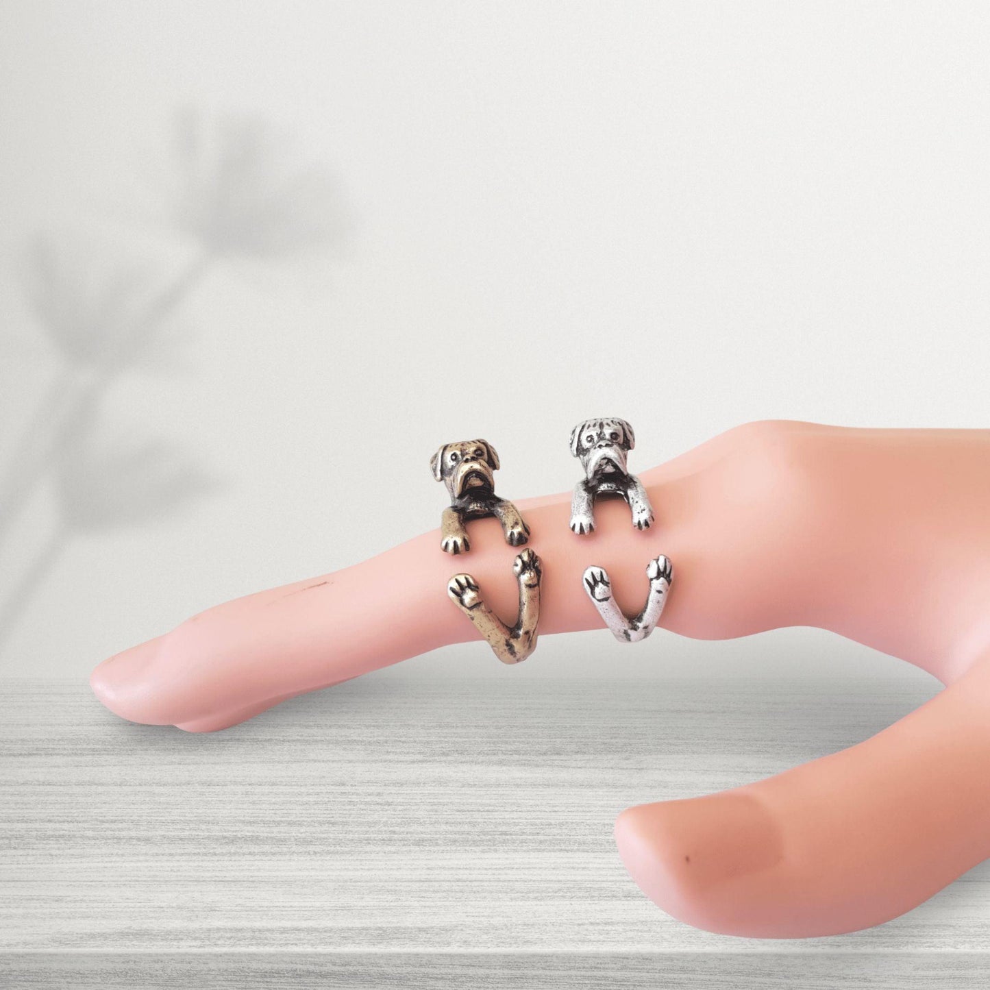 novelty boxer dog rings selection in bronze and silver
