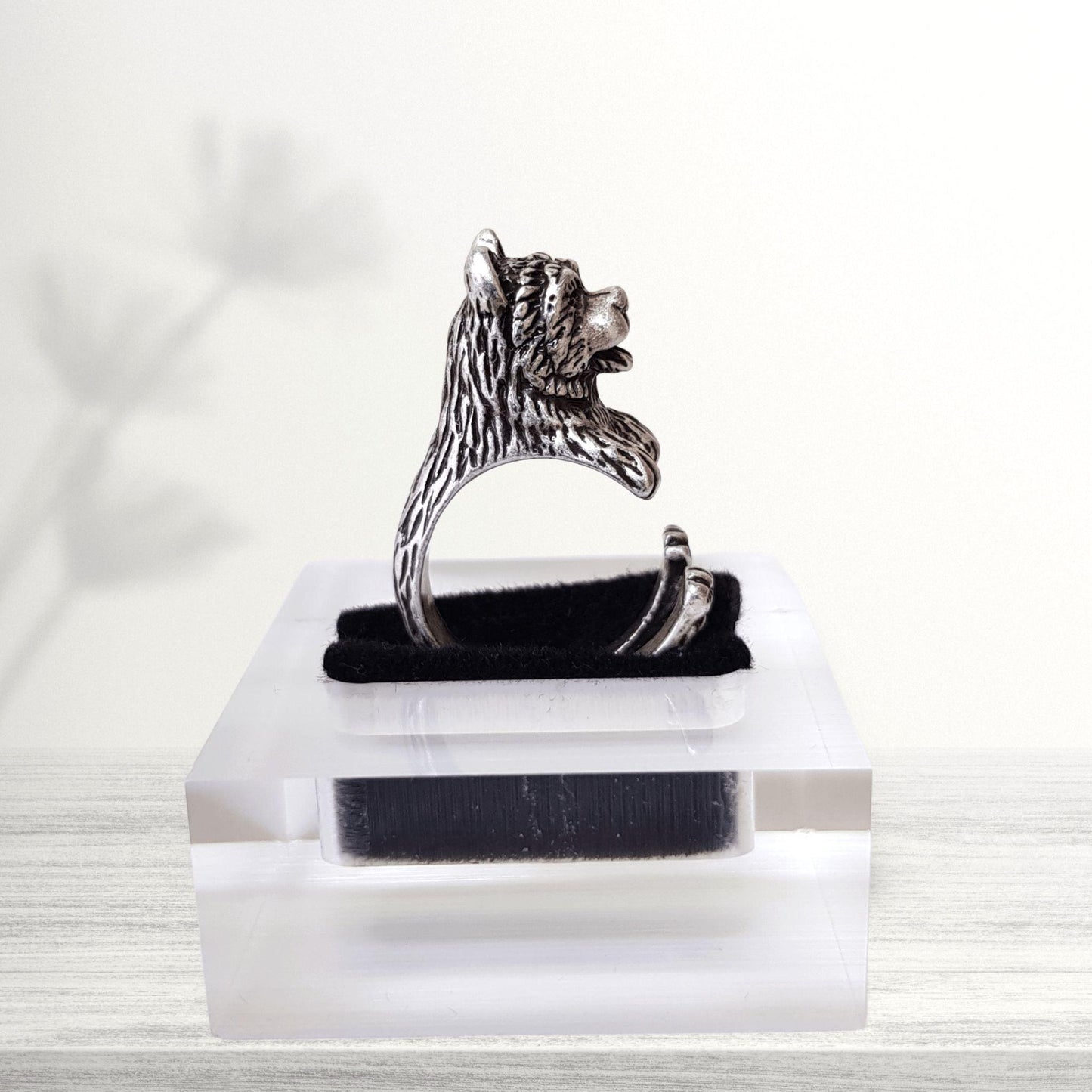 profile view of novelty chow chow midi ring jewellery in antique silver