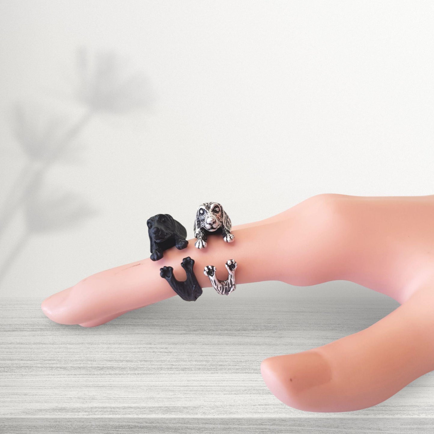 novelty dachshund dog rings in black and silver