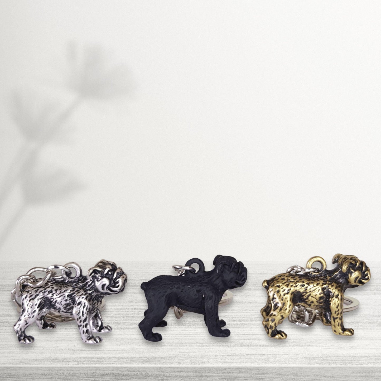 english bulldog keychain selection in silver black and bronze