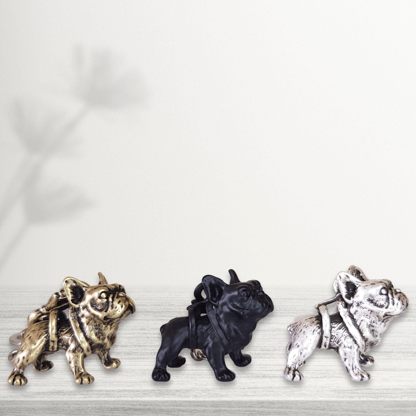 cute french bulldog keychains in bronze black and silver