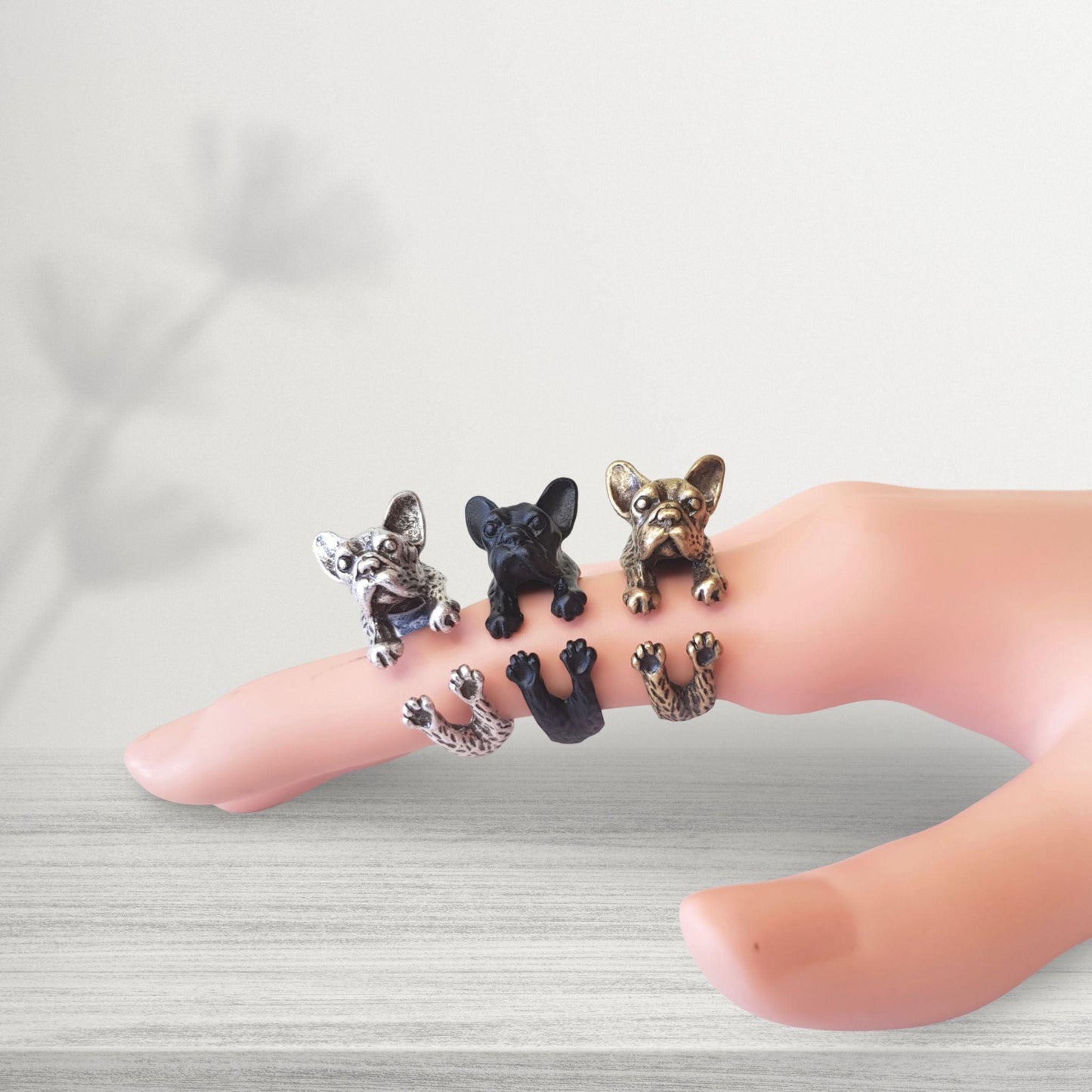 french bulldog novelty rings selection in silver black and bronze