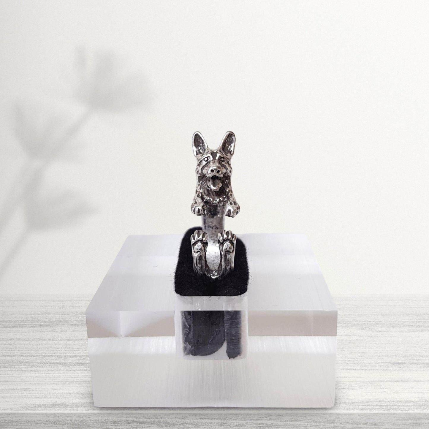 novelty german shepherd cute dog ring in silver