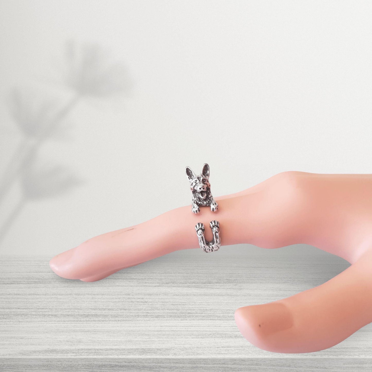 novelty german shepherd midi dog ring in silver