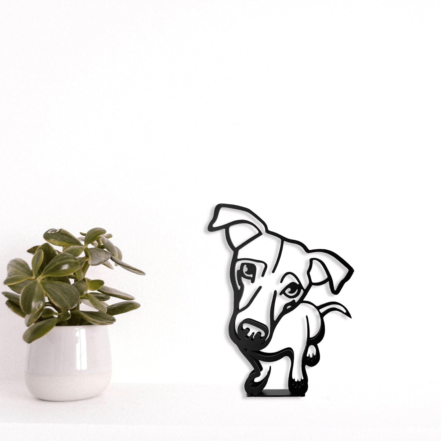 cute jack russell cartoon style minimalist metal sculpture