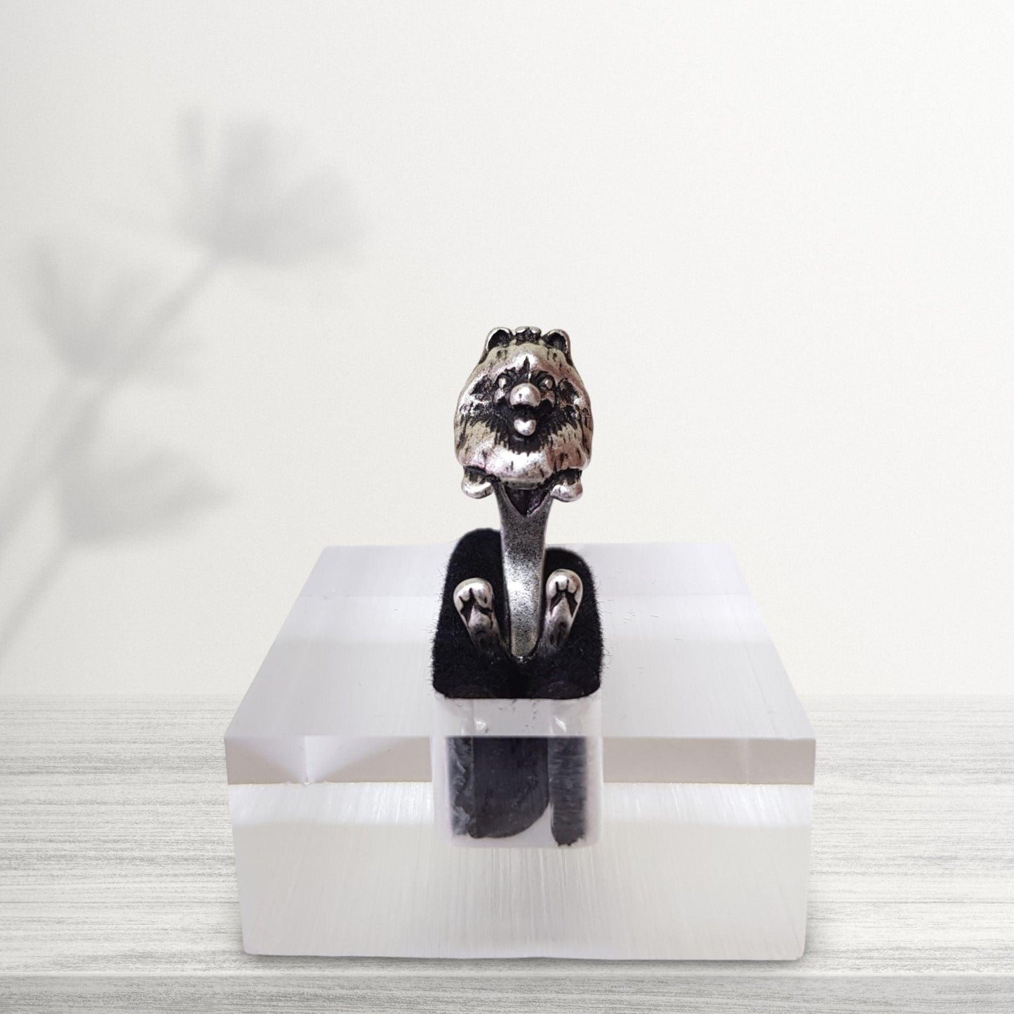silver coloured Pomeranian dog finger ring