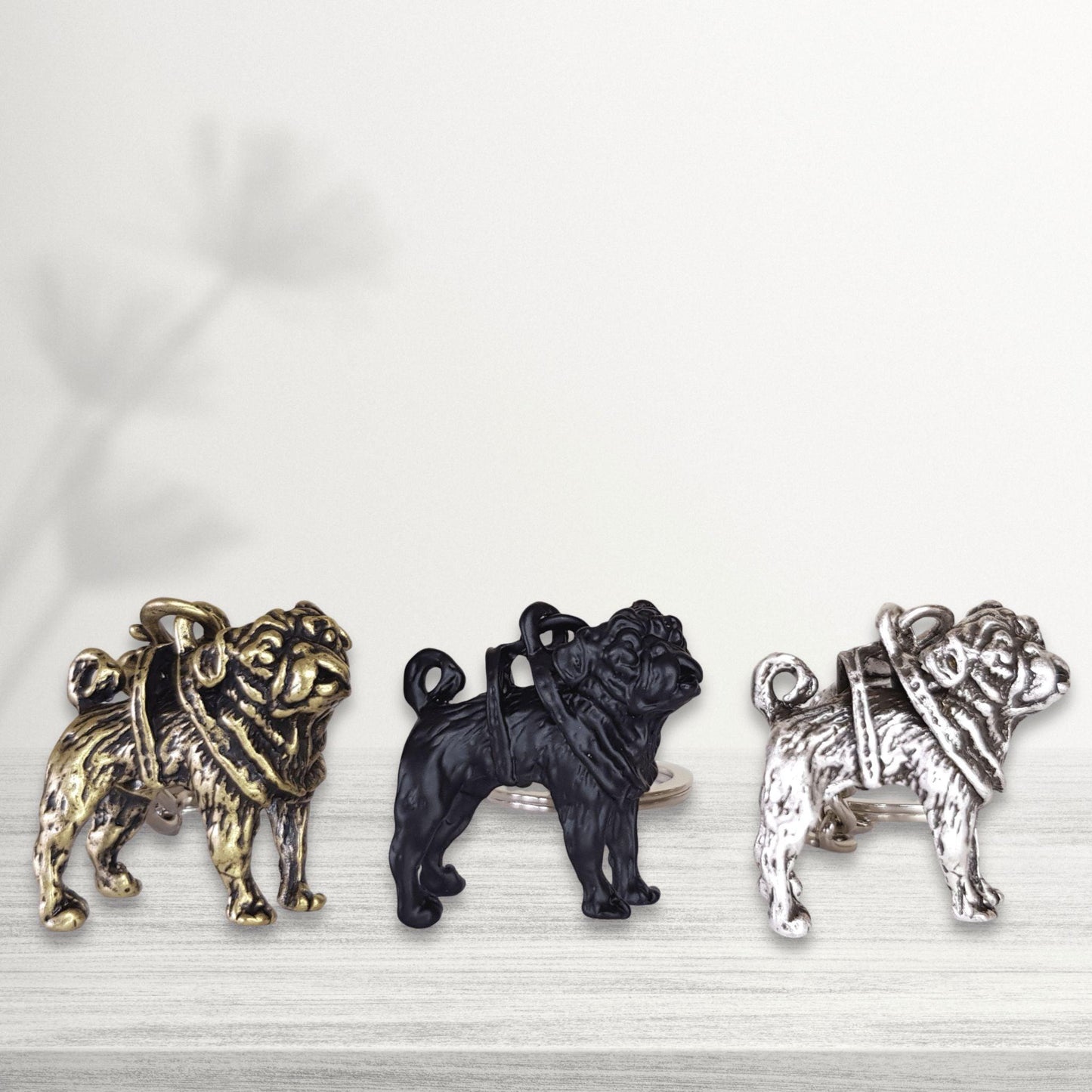 pug dog keychain selection bronze black and silver
