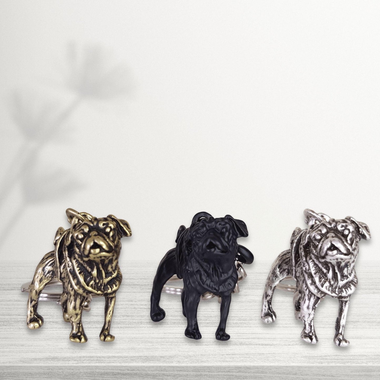 pug dog keyrings selection bronze black and silver