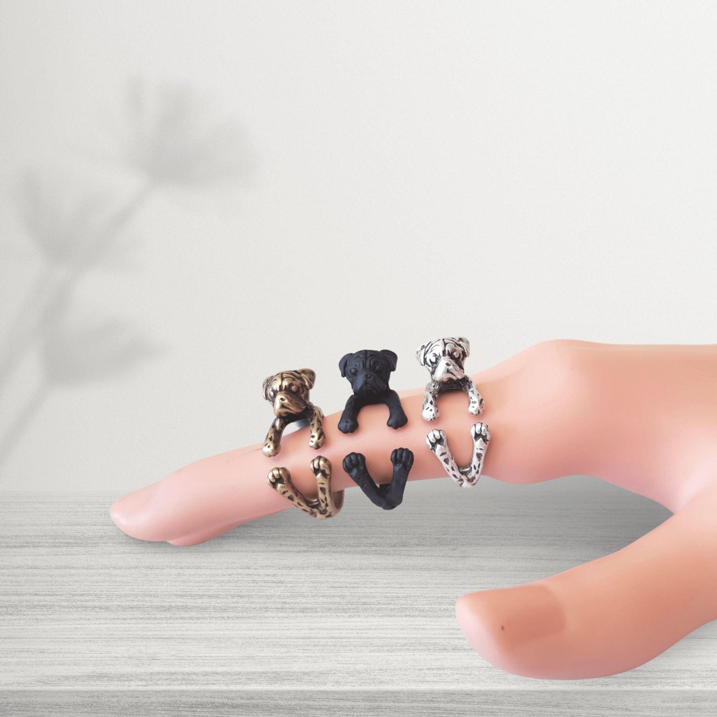 novelty pug finger ring jewellery in bronze black and silver options