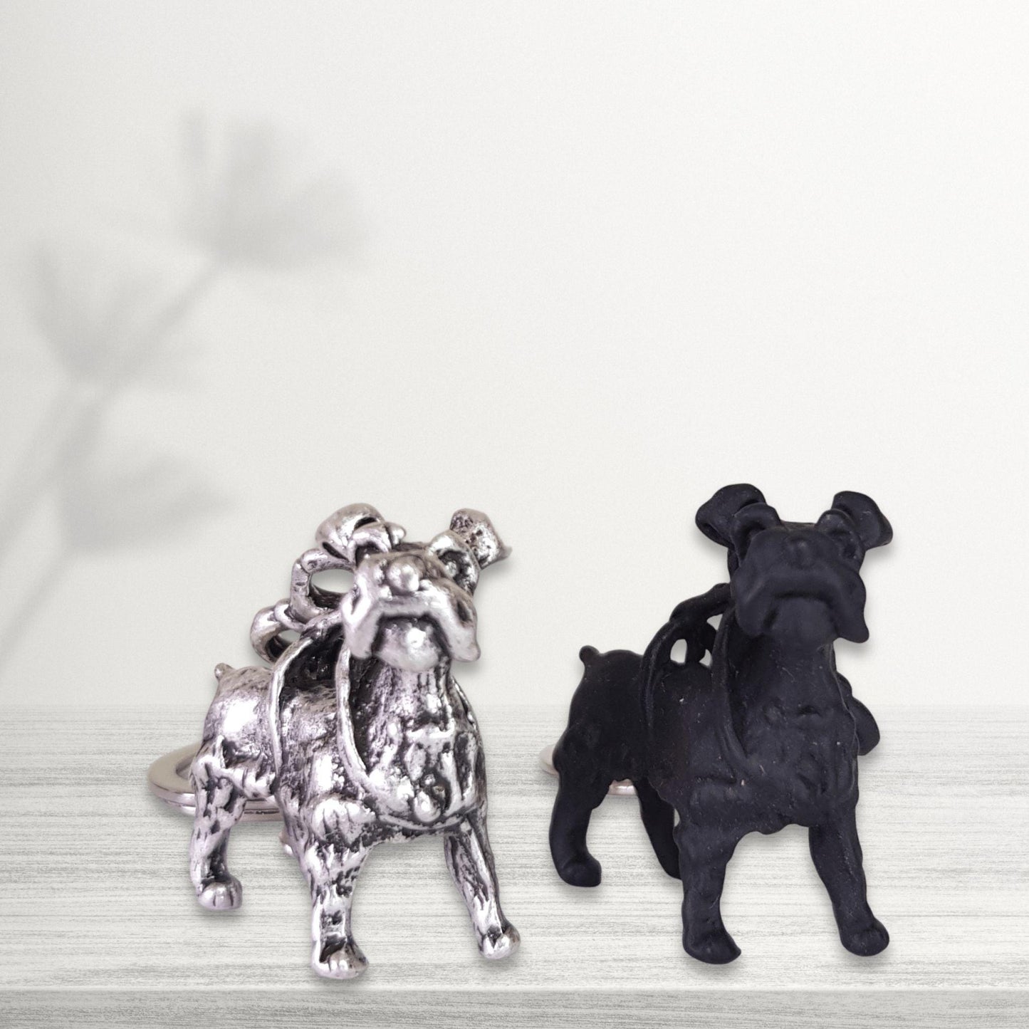 novelty metal schnauzer dog keychains in black and silver