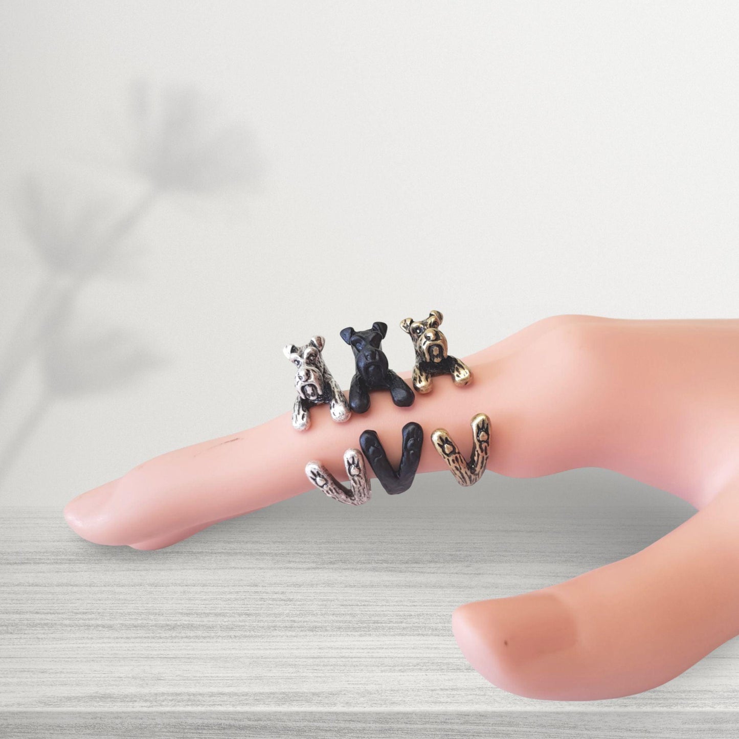 schnauzer midi dog rings selection in black bronze and silver