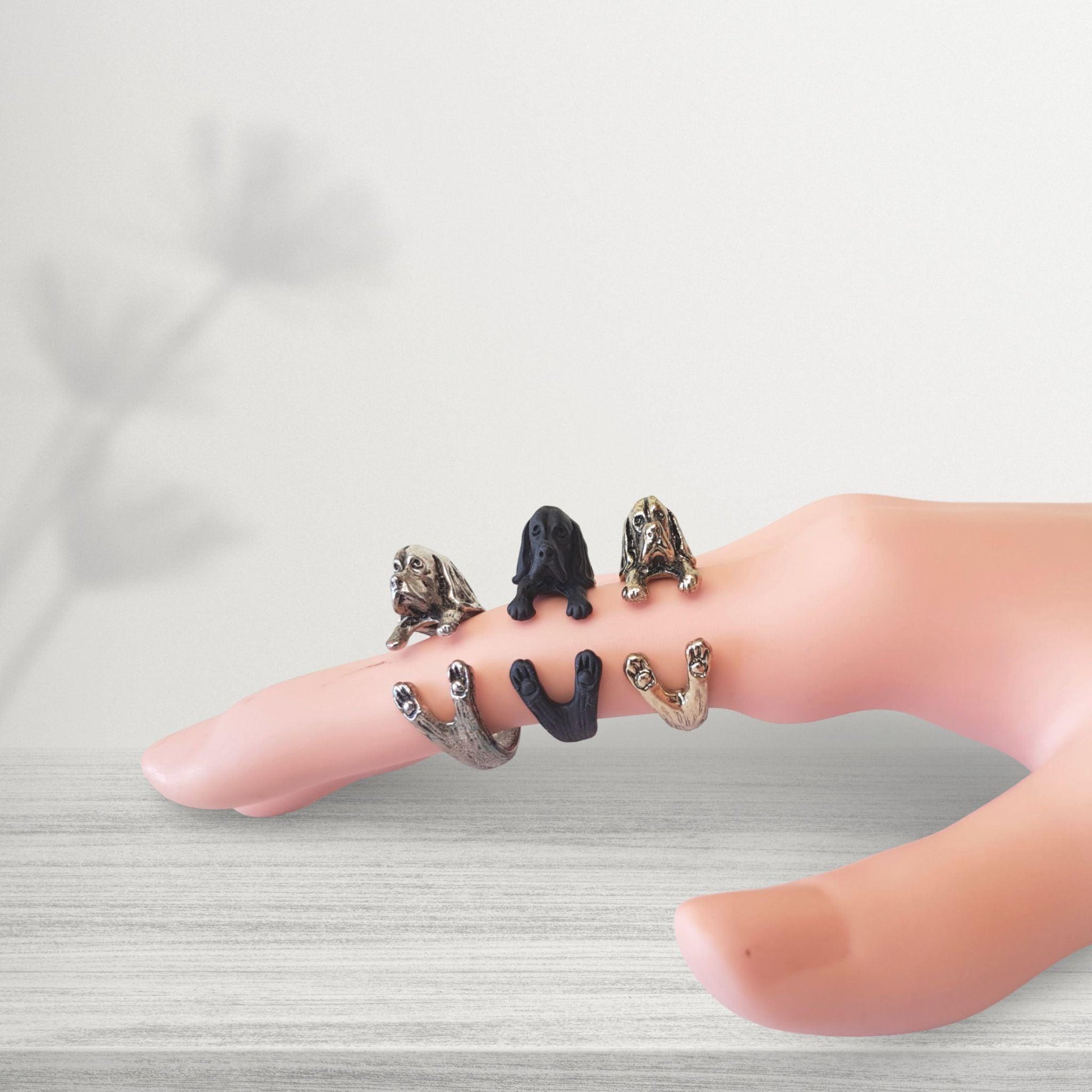 basset hound midi rings in silver bronze and black