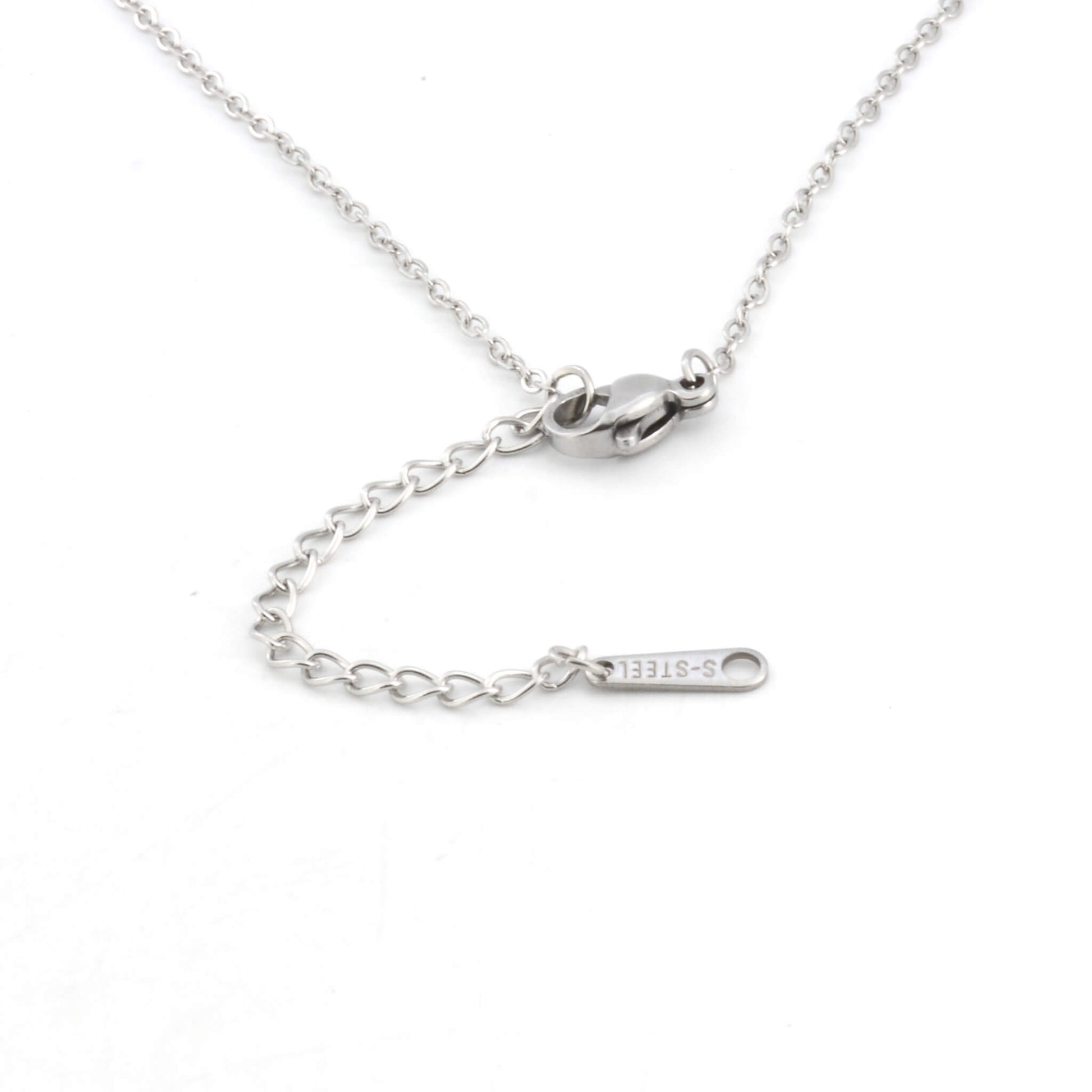 close up of frenchie necklace lobster clasp