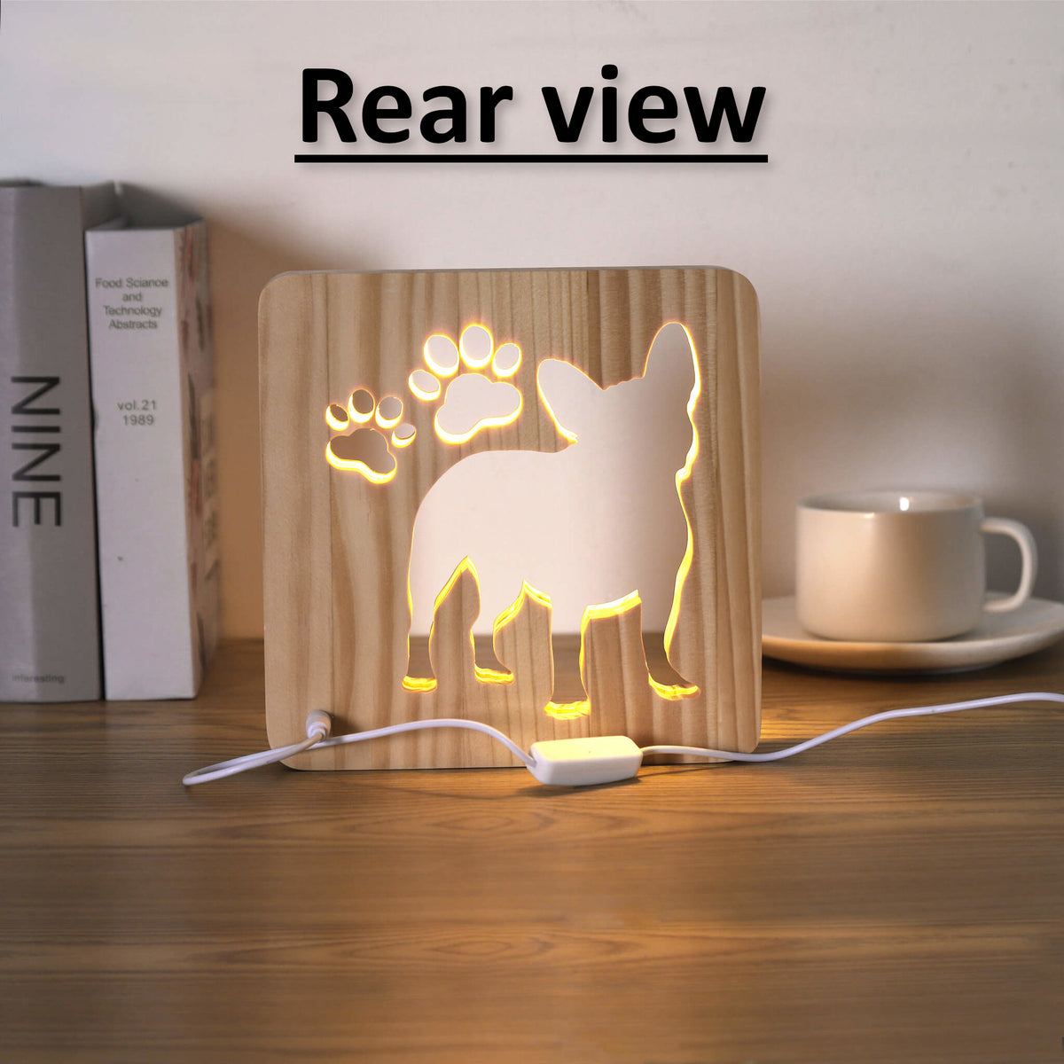 Rear view of the French Bulldog night light showing the USB cable