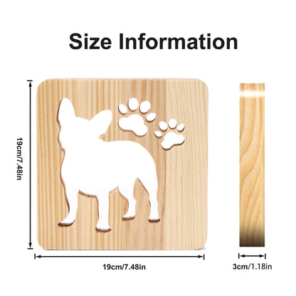 Size guide for the French Bulldog wooden night light showing its width, height and depth