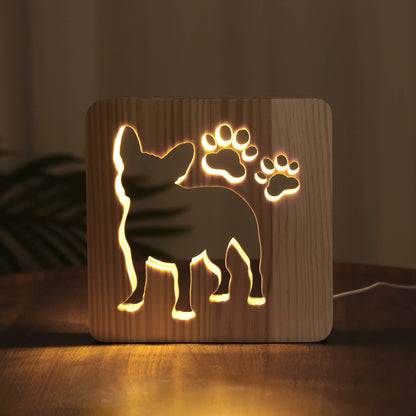 French Bulldog wooden LED night light glowing warm in a dark room