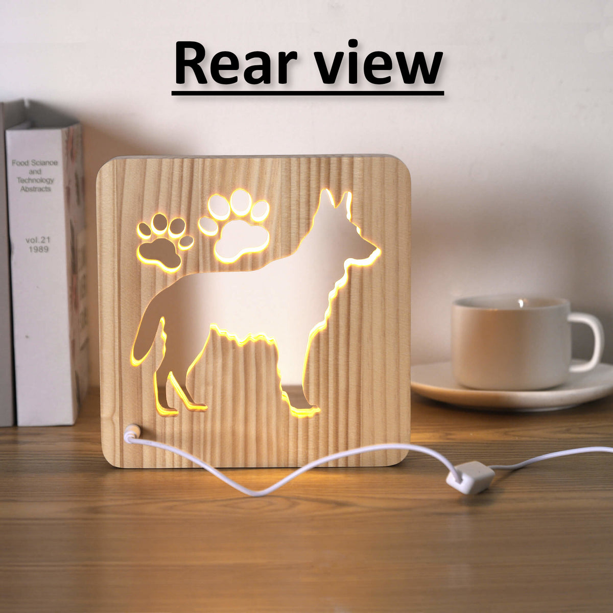 Rear view of the German Shepherd night light showing the USB cable