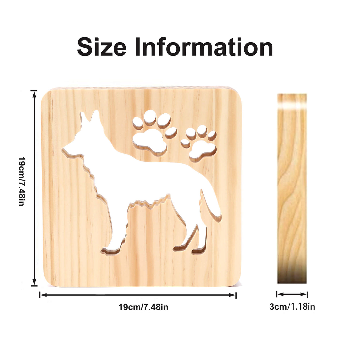 Size guide for the German Shepherd wooden night light showing its width, height and depth