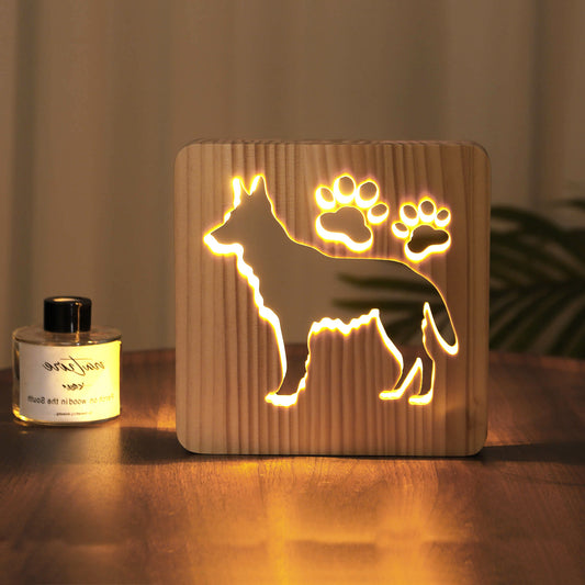 German Shepherd wooden LED night light glowing warm on a table