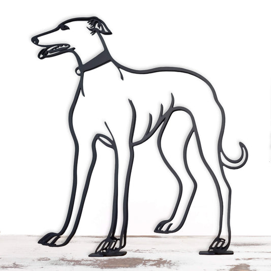 Metal sculpture of a greyhound on a white background