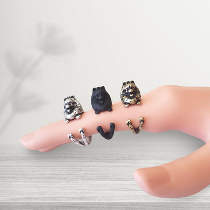 novelty pomeranian dog rings selection in silver bronze and black