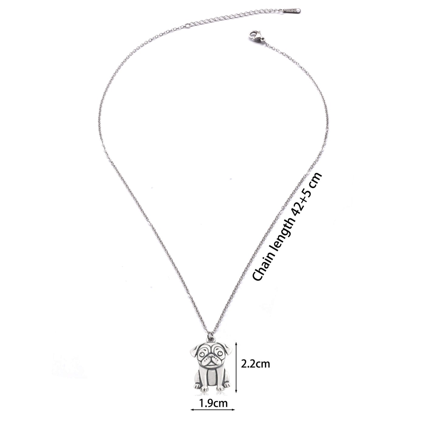 dimensions of 925 silver pug on adjustable stainless steel chain