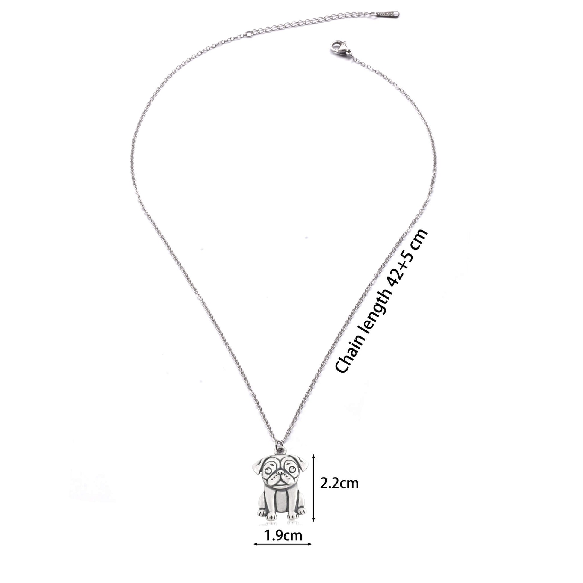 dimensions of 925 silver pug on adjustable stainless steel chain
