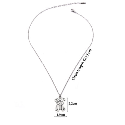 dimensions of 925 silver pug on adjustable stainless steel chain