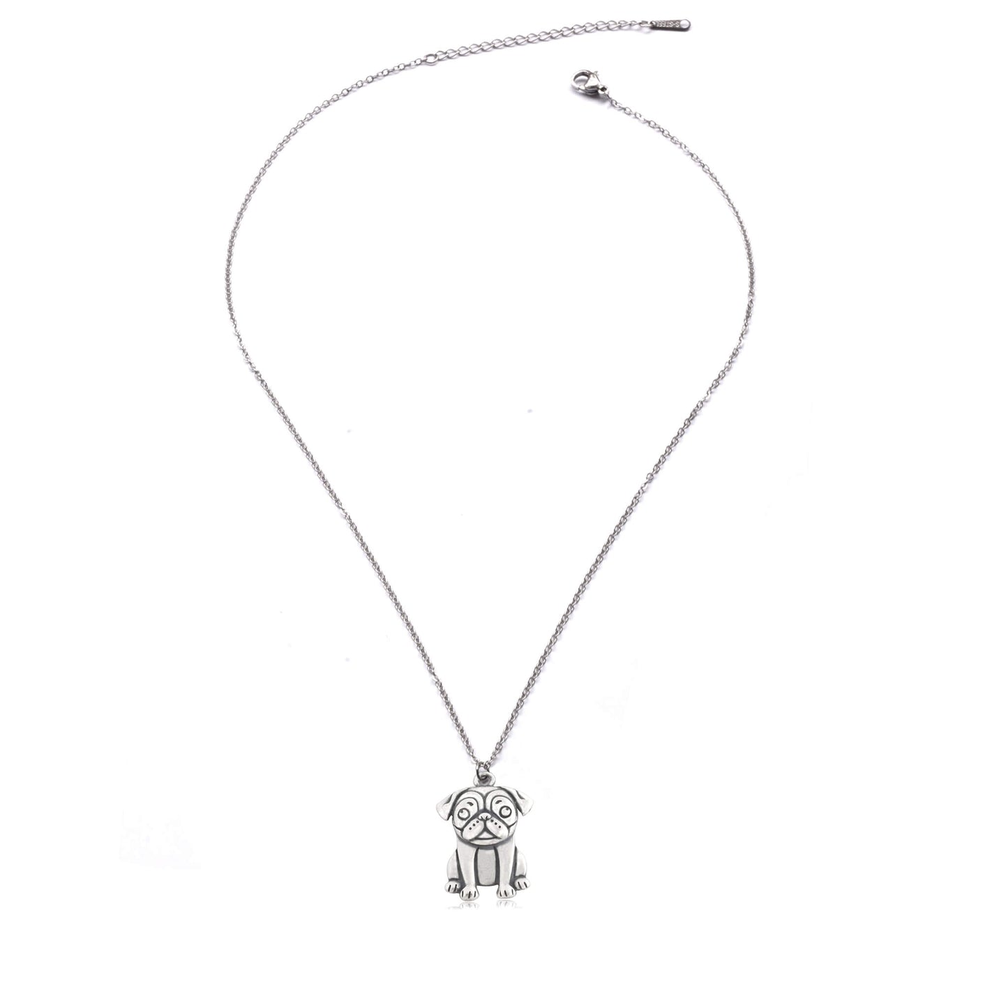 stainless steel necklace with silver pug charm