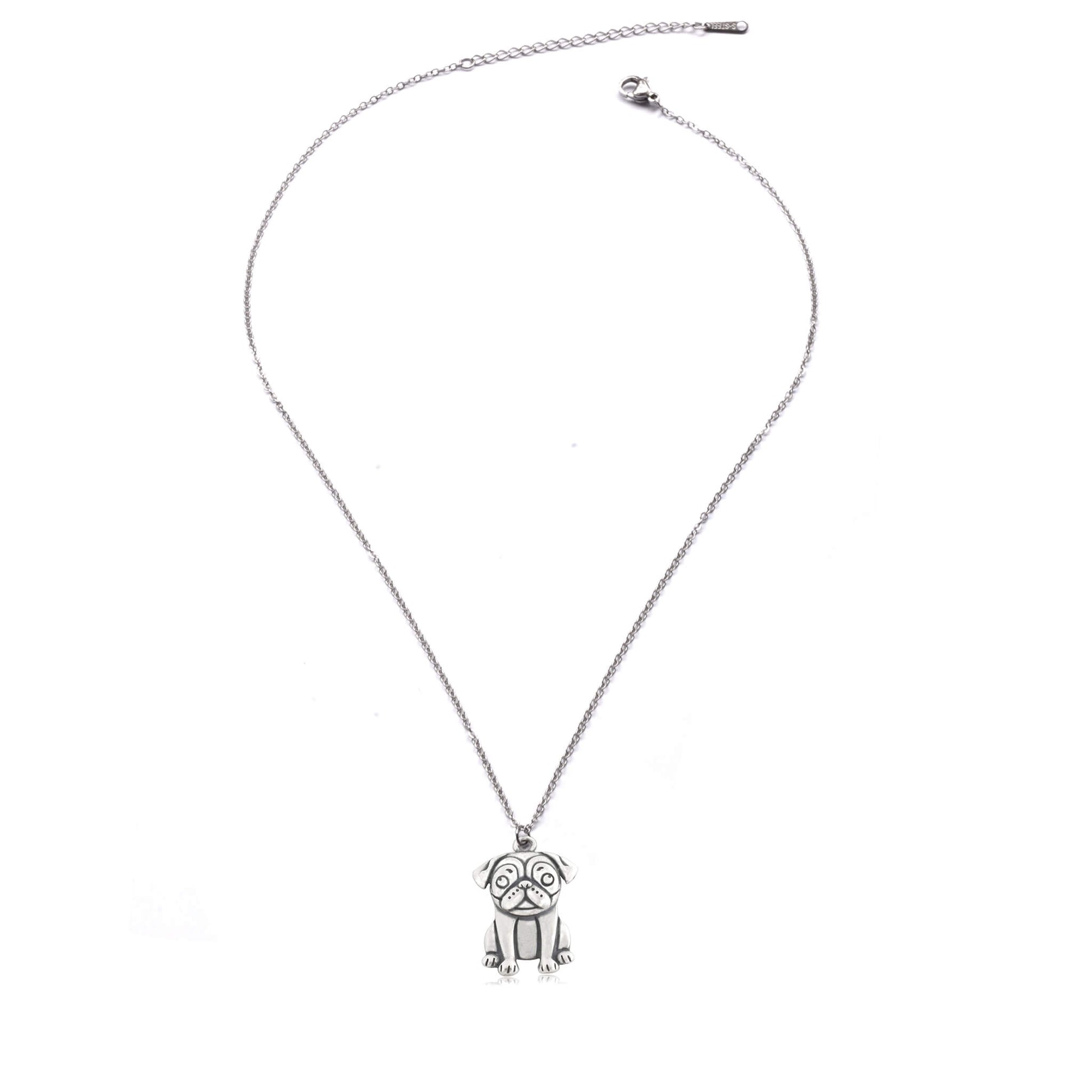 stainless steel necklace with silver pug charm