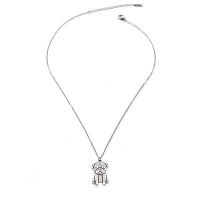 stainless steel necklace with silver pug charm
