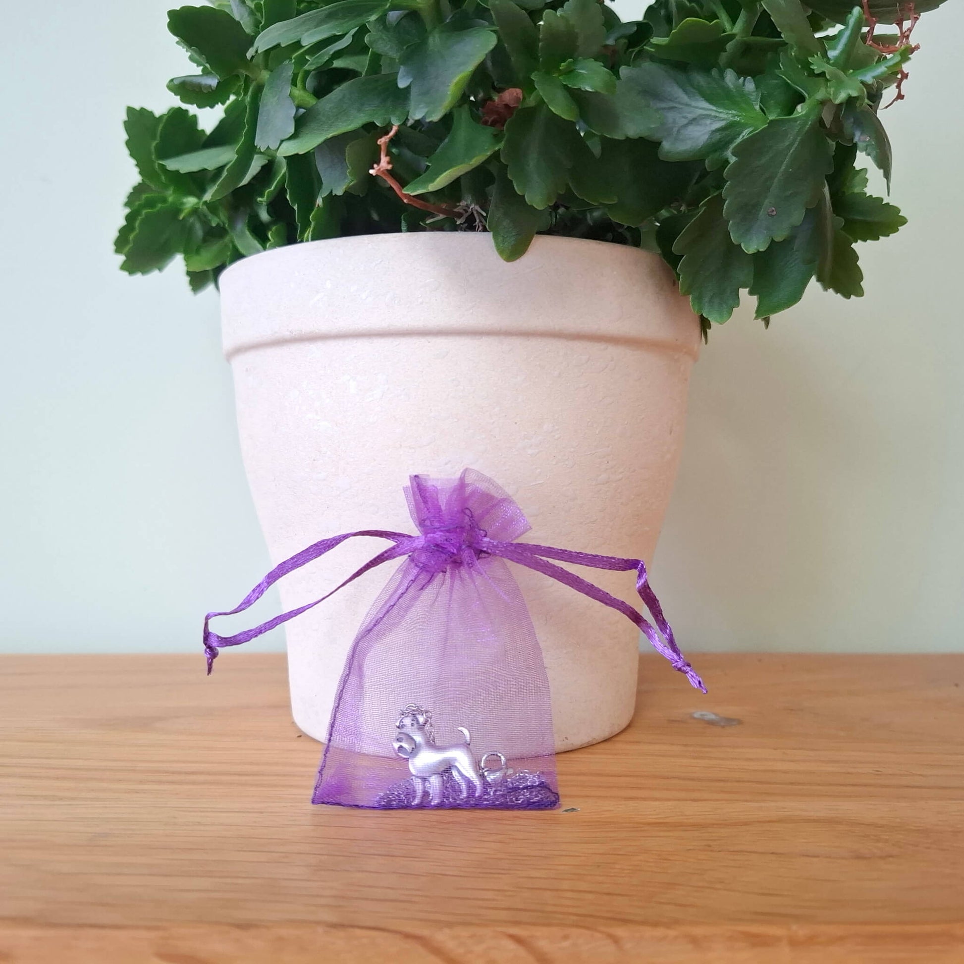 schnauzer charm necklace in purple organza bag