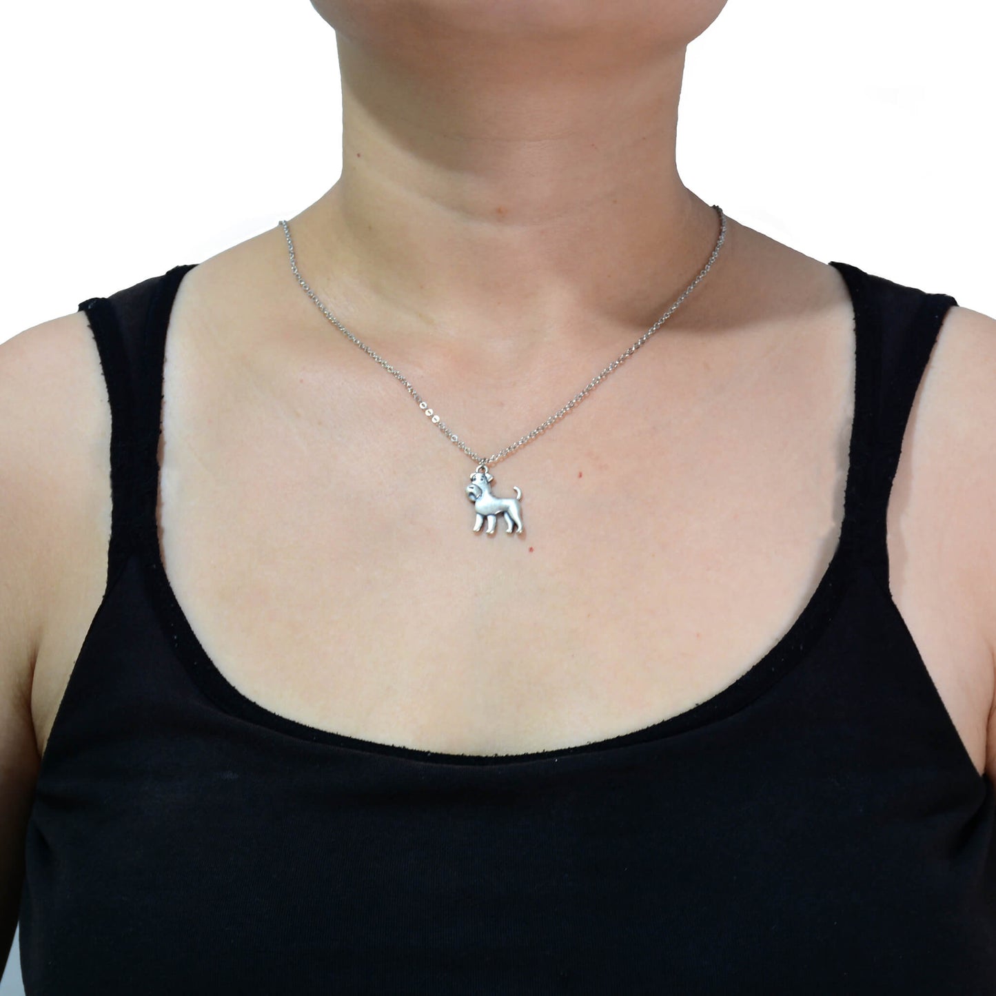 schnauzer charm necklace modelled on woman