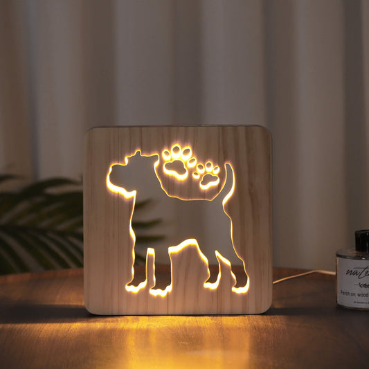 Schnauzer wooden LED night light glowing warm in a dark room