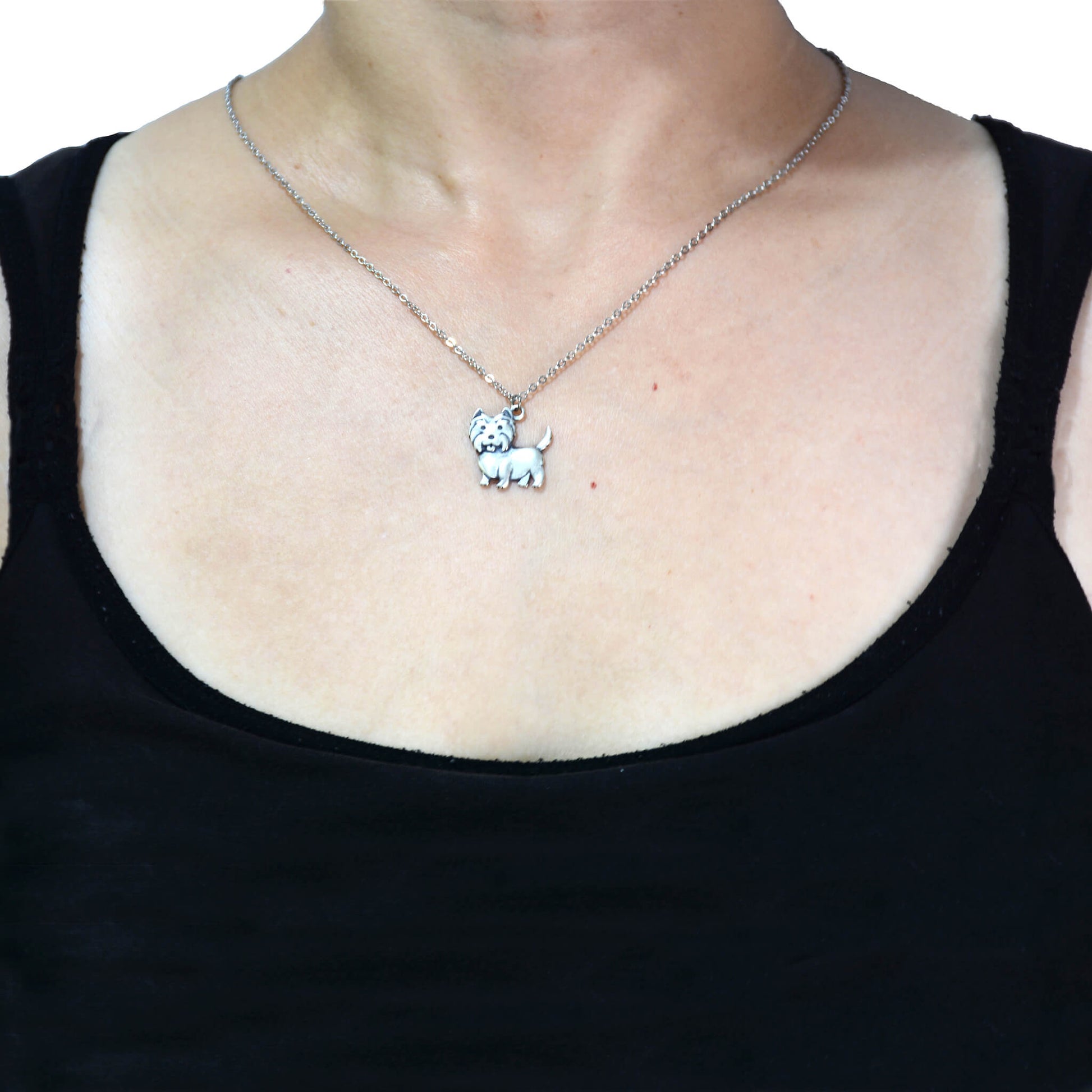 model wearing westie dog charm necklace 