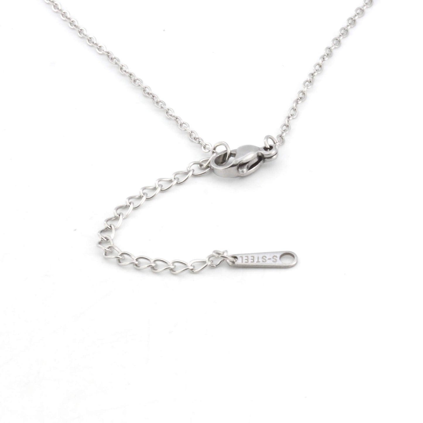 close up image of lobster clasp on stainless steel chain