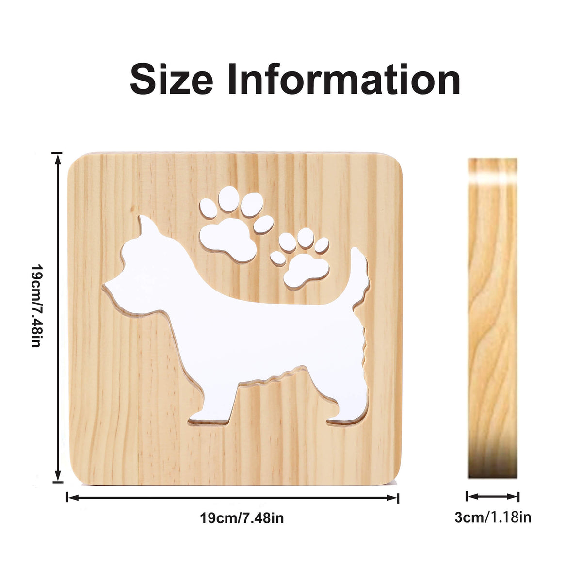 Size guide for the Westie wooden night light showing its width, height and depth
